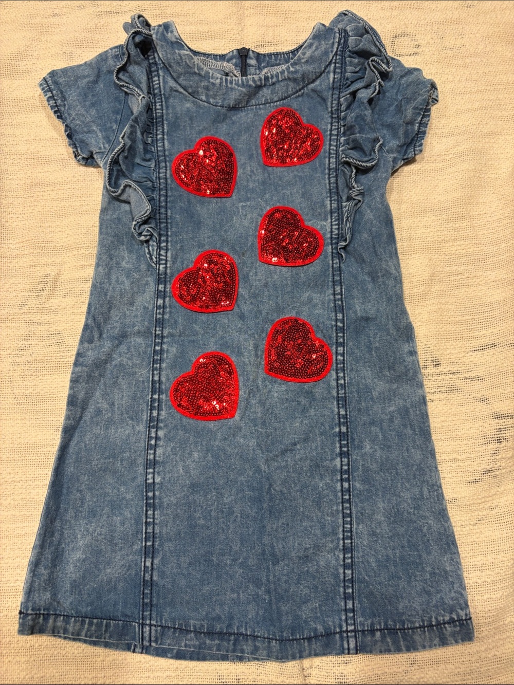 Girls Denim Dress with Red Sequin Hearts